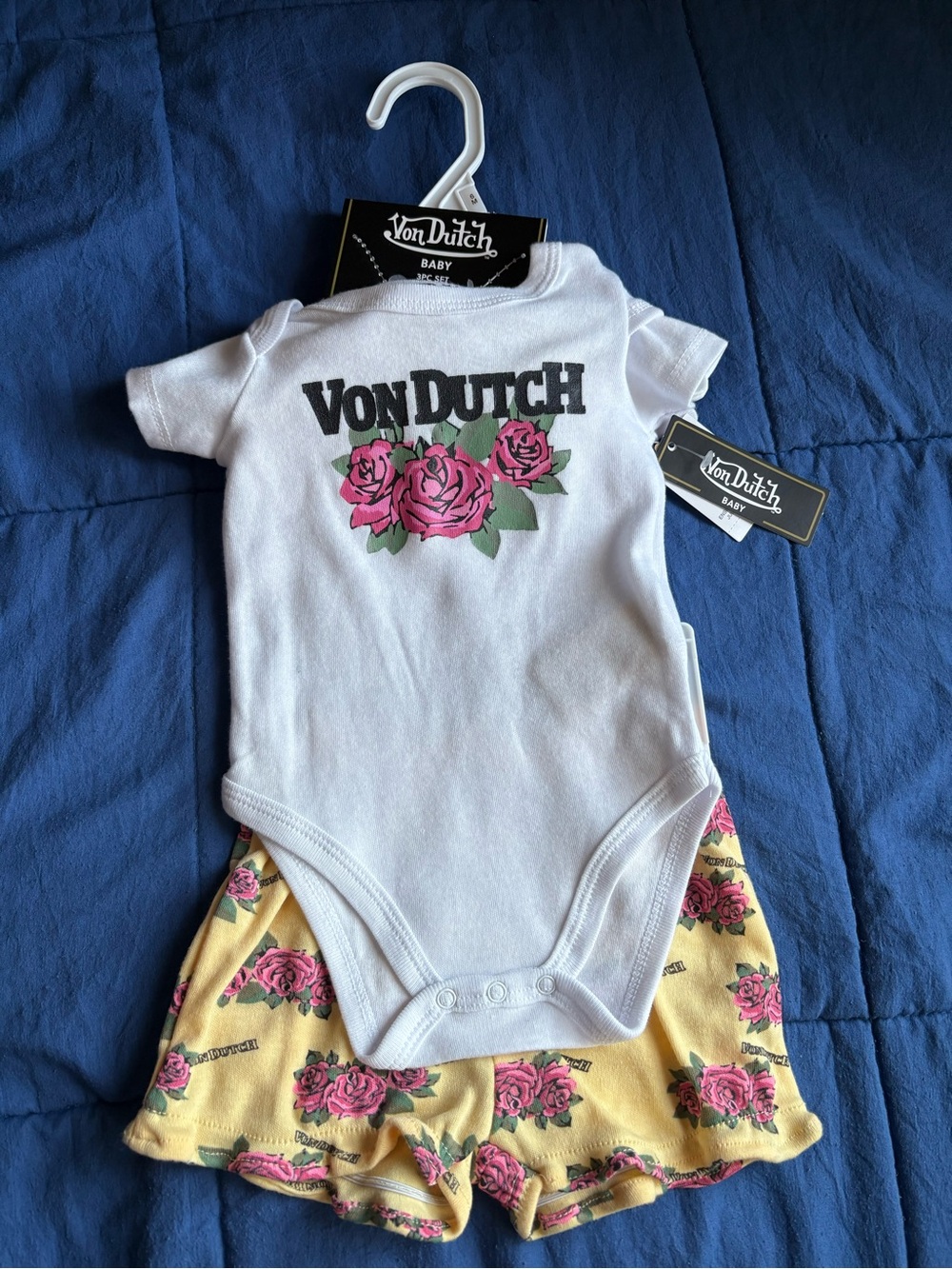 Von Dutch White Bodysuit with Pink Rose Graphic & Yellow Rose Print Shorts